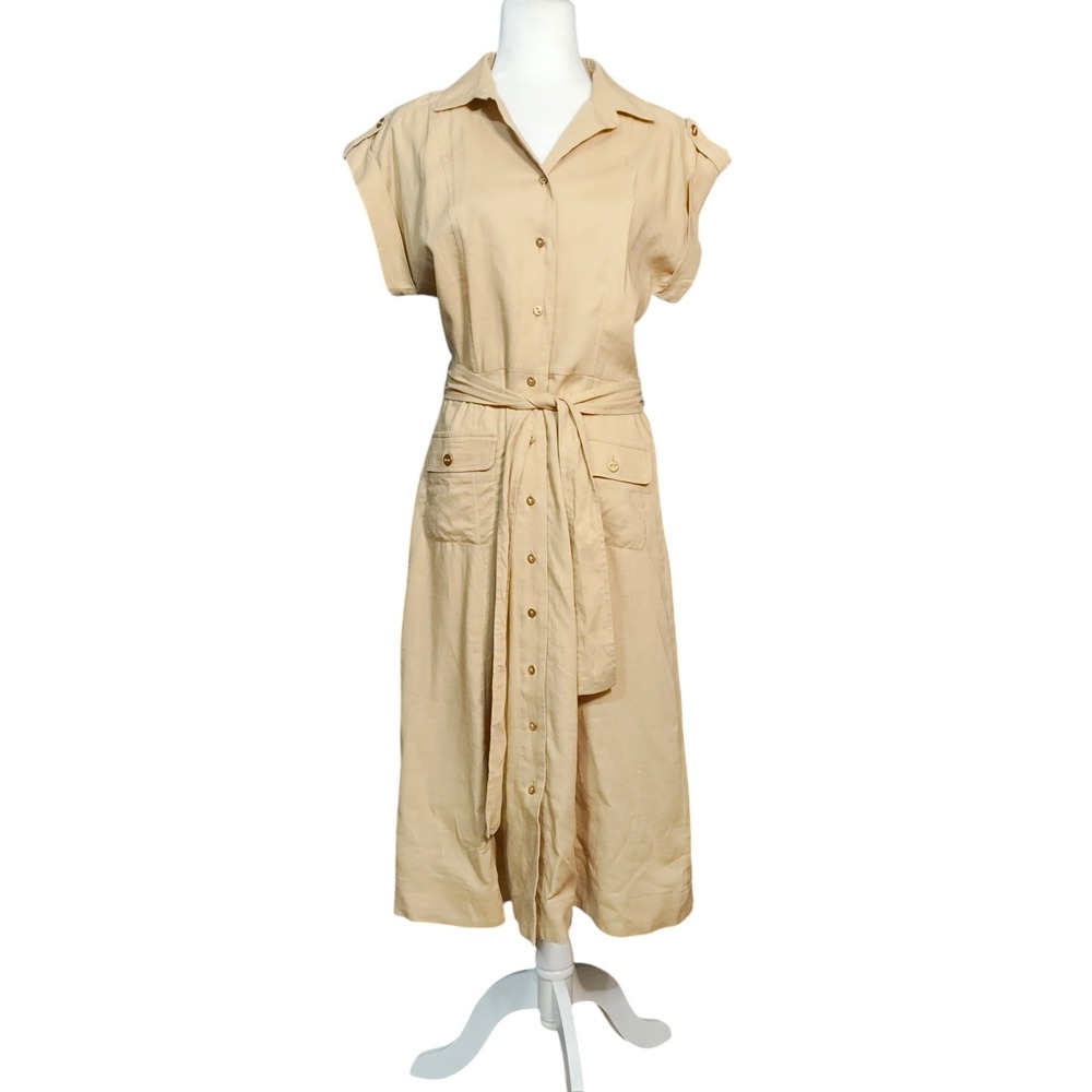 Annโ Taylor NEW Linen Blend Shirt Dress Tan Belted Midi Safari Coastal 8P NWT